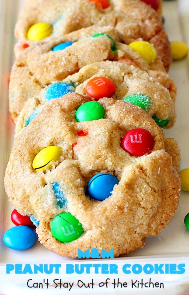 M&M Peanut Butter Cookies | Can't Stay Out of the Kitchen | these spectacular #cookies are divine! They're filled with #PeanutButter and #MMs! What's not to love? They'll cure any sweet tooth craving. Wonderful for #holiday #baking & #ChristmasCookieExchanges. #chocolate #PeanutButterCookies #ChocolateDessert #PeanutButterDessert #MMDessert #MMPeanutButterCookies