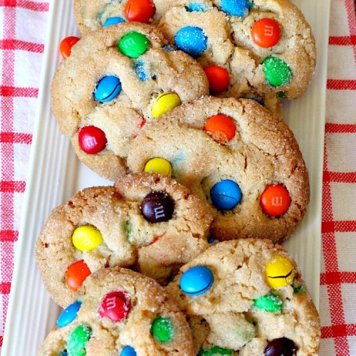 M&M Peanut Butter Cookies | Can't Stay Out of the Kitchen | these spectacular #cookies are divine! They're filled with #PeanutButter and #MMs! What's not to love? They'll cure any sweet tooth craving. Wonderful for #holiday #baking & #ChristmasCookieExchanges. #chocolate #PeanutButterCookies #ChocolateDessert #PeanutButterDessert #MMDessert #MMPeanutButterCookies