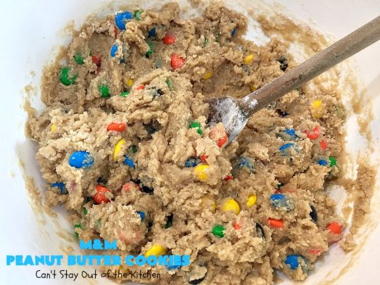 M&M Peanut Butter Cookies | Can't Stay Out of the Kitchen | these spectacular #cookies are divine! They're filled with #PeanutButter and #MMs! What's not to love? They'll cure any sweet tooth craving. Wonderful for #holiday #baking & #ChristmasCookieExchanges. #chocolate #PeanutButterCookies #ChocolateDessert #PeanutButterDessert #MMDessert #MMPeanutButterCookies