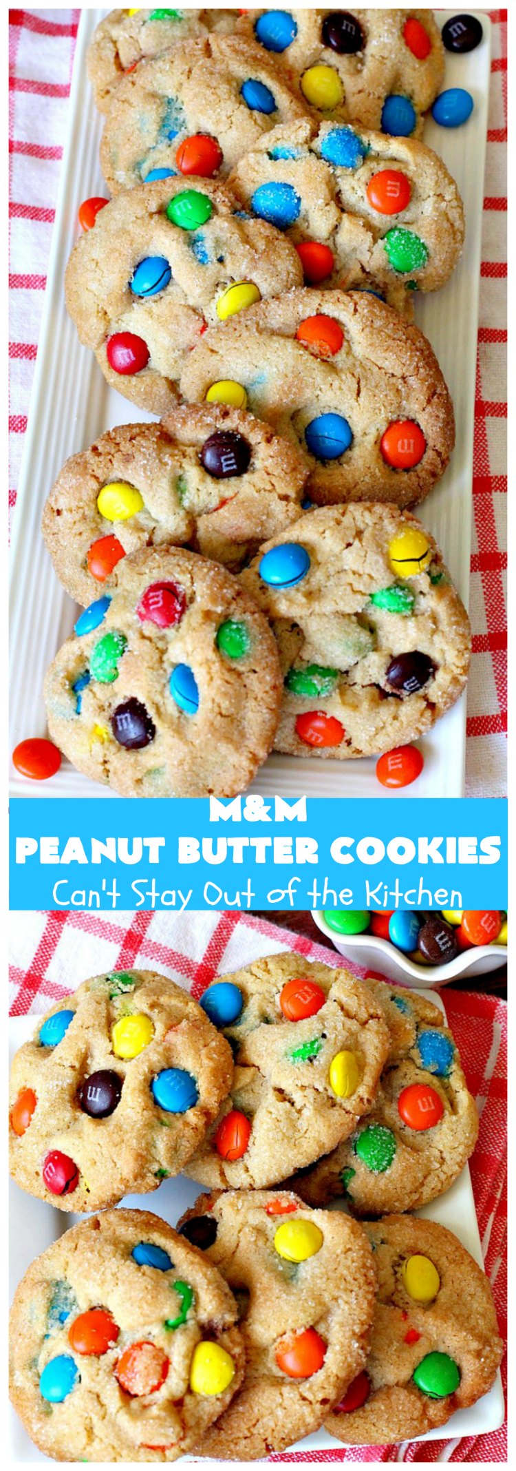 M&M Peanut Butter Cookies | Can't Stay Out of the Kitchen | these spectacular #cookies are divine! They're filled with #PeanutButter and #MMs! What's not to love? They'll cure any sweet tooth craving. Wonderful for #holiday #baking & #ChristmasCookieExchanges. #chocolate #PeanutButterCookies #ChocolateDessert #PeanutButterDessert #MMDessert #MMPeanutButterCookies