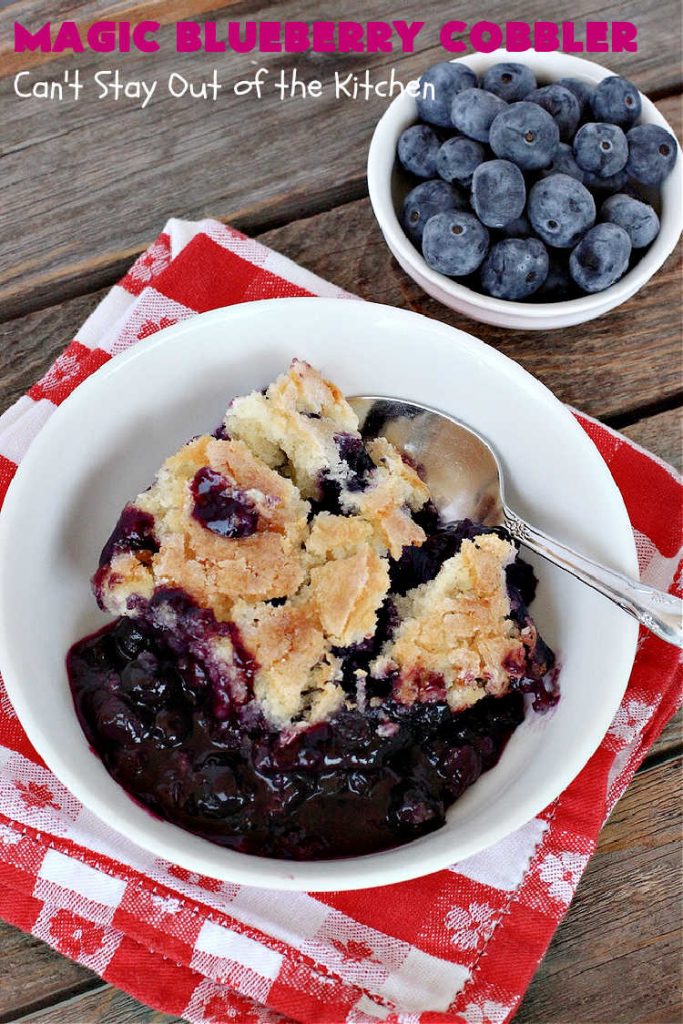 Magic Blueberry Cobbler | Can't Stay Out of the Kitchen | this #cobbler really is magic! It's layered with fresh #blueberries, then a topping and finally it has a sugar glaze on top like glazed donuts! Perfect for a company or #holiday #dessert. #HolidayDessert #BlueberryCobbler #BlueberryDessert #MagicBlueberryCobbler