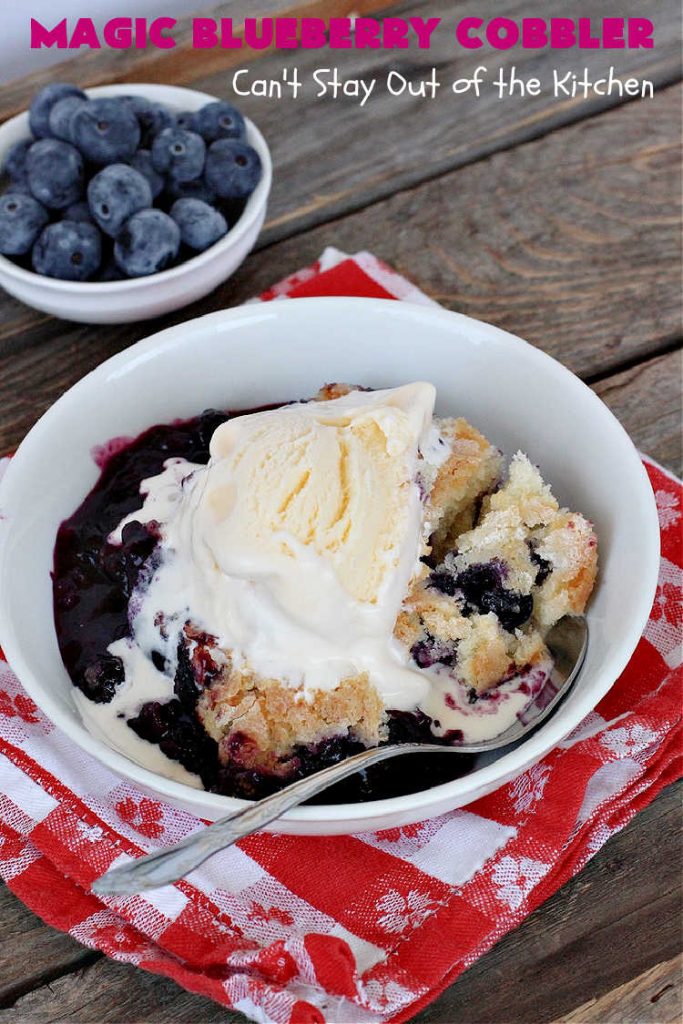 Magic Blueberry Cobbler | Can't Stay Out of the Kitchen | this #cobbler really is magic! It's layered with fresh #blueberries, then a topping and finally it has a sugar glaze on top like glazed donuts! Perfect for a company or #holiday #dessert. #HolidayDessert #BlueberryCobbler #BlueberryDessert #MagicBlueberryCobbler