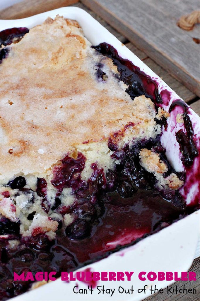 Magic Blueberry Cobbler | Can't Stay Out of the Kitchen | this #cobbler really is magic! It's layered with fresh #blueberries, then a topping and finally it has a sugar glaze on top like glazed donuts! Perfect for a company or #holiday #dessert. #HolidayDessert #BlueberryCobbler #BlueberryDessert #MagicBlueberryCobbler