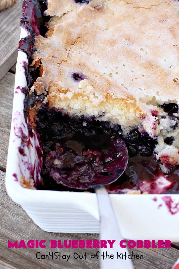Magic Blueberry Cobbler | Can't Stay Out of the Kitchen | this #cobbler really is magic! It's layered with fresh #blueberries, then a topping and finally it has a sugar glaze on top like glazed donuts! Perfect for a company or #holiday #dessert. #HolidayDessert #BlueberryCobbler #BlueberryDessert #MagicBlueberryCobbler