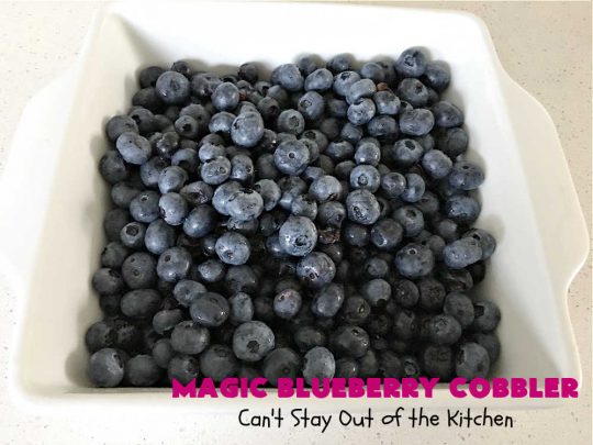 Magic Blueberry Cobbler | Can't Stay Out of the Kitchen | this #cobbler really is magic! It's layered with fresh #blueberries, then a topping and finally it has a sugar glaze on top like glazed donuts! Perfect for a company or #holiday #dessert. #HolidayDessert #BlueberryCobbler #BlueberryDessert #MagicBlueberryCobbler