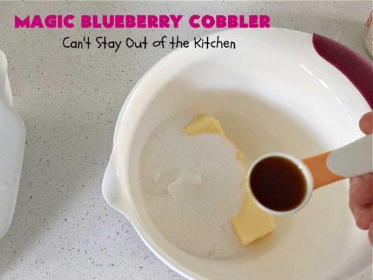 Magic Blueberry Cobbler | Can't Stay Out of the Kitchen | this #cobbler really is magic! It's layered with fresh #blueberries, then a topping and finally it has a sugar glaze on top like glazed donuts! Perfect for a company or #holiday #dessert. #HolidayDessert #BlueberryCobbler #BlueberryDessert #MagicBlueberryCobbler