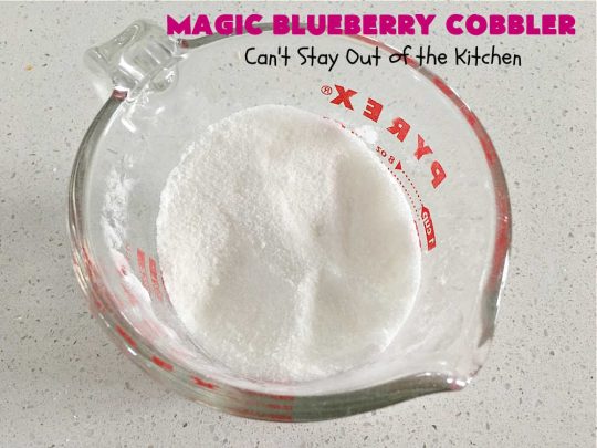Magic Blueberry Cobbler | Can't Stay Out of the Kitchen | this #cobbler really is magic! It's layered with fresh #blueberries, then a topping and finally it has a sugar glaze on top like glazed donuts! Perfect for a company or #holiday #dessert. #HolidayDessert #BlueberryCobbler #BlueberryDessert #MagicBlueberryCobbler