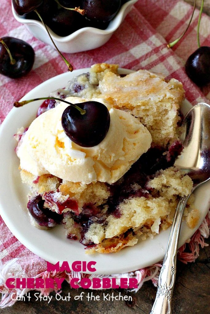 Magic Cherry Cobbler | Can't Stay Out of the Kitchen | this spectacular #dessert is magical! It has a layer of fresh #cherries, topping sprinkled with sugar & finally boiling water poured over top before baking. All the ingredients come together magically in a heavenly #cherrycobbler #recipe.