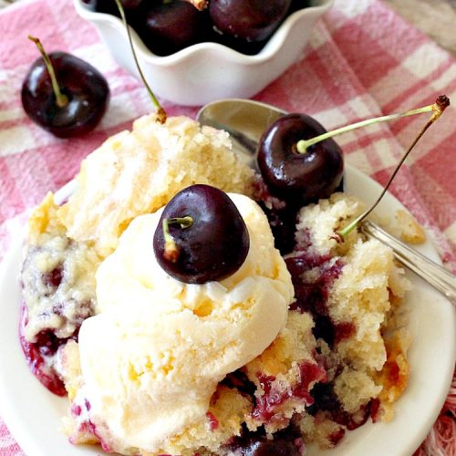 Magic Cherry Cobbler | Can't Stay Out of the Kitchen | this spectacular #dessert is magical! It has a layer of fresh #cherries, topping sprinkled with sugar & finally boiling water poured over top before baking. All the ingredients come together magically in a heavenly #cherrycobbler #recipe.