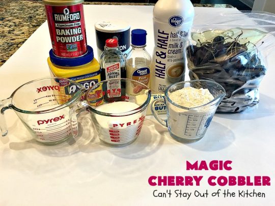 Magic Cherry Cobbler | Can't Stay Out of the Kitchen | this spectacular #dessert is magical! It has a layer of fresh #cherries, topping sprinkled with sugar & finally boiling water poured over top before baking. All the ingredients come together magically in a heavenly #cherrycobbler #recipe.