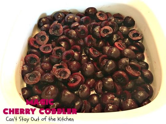 Magic Cherry Cobbler | Can't Stay Out of the Kitchen | this spectacular #dessert is magical! It has a layer of fresh #cherries, topping sprinkled with sugar & finally boiling water poured over top before baking. All the ingredients come together magically in a heavenly #cherrycobbler #recipe.