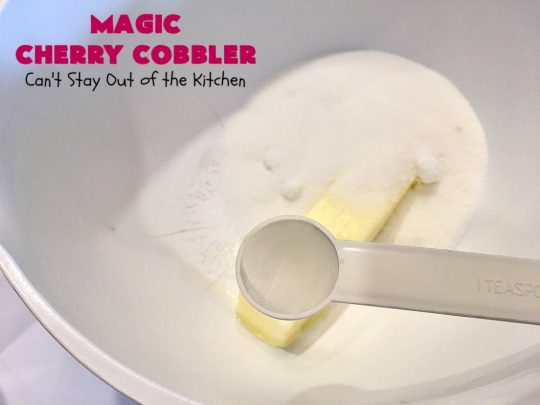 Magic Cherry Cobbler | Can't Stay Out of the Kitchen | this spectacular #dessert is magical! It has a layer of fresh #cherries, topping sprinkled with sugar & finally boiling water poured over top before baking. All the ingredients come together magically in a heavenly #cherrycobbler #recipe.