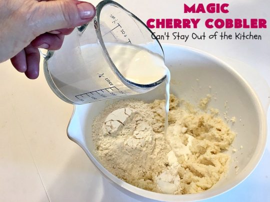 Magic Cherry Cobbler | Can't Stay Out of the Kitchen | this spectacular #dessert is magical! It has a layer of fresh #cherries, topping sprinkled with sugar & finally boiling water poured over top before baking. All the ingredients come together magically in a heavenly #cherrycobbler #recipe.