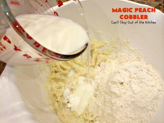 Magic Peach Cobbler | Can't Stay Out of the Kitchen | This spectacular #peachcobbler is divine! Boiling water is poured over the cobbler before baking & it turns out magically! Best #Peach #cobbler ever! #dessert