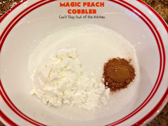 Magic Peach Cobbler | Can't Stay Out of the Kitchen | This spectacular #peachcobbler is divine! Boiling water is poured over the cobbler before baking & it turns out magically! Best #Peach #cobbler ever! #dessert