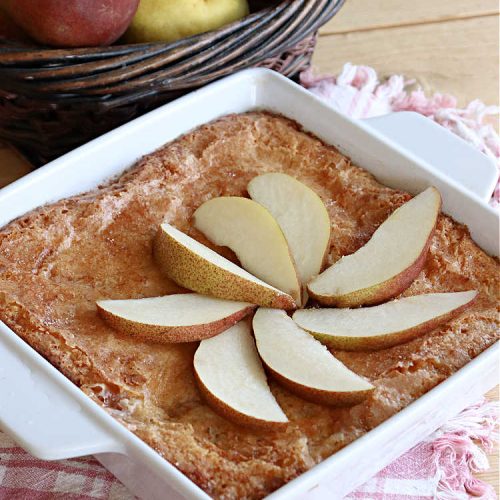 Magic Pear Cobbler | Can't Stay Out of the Kitchen | this fantastic #pear #cobbler is a layered #dessert that magically comes together while #baking! #Pears & #cinnamon provide wonderful flavor. Serve with #IceCream & it's even better! Great for family gatherings & picnics. #PearDessert #MagicPearCobbler