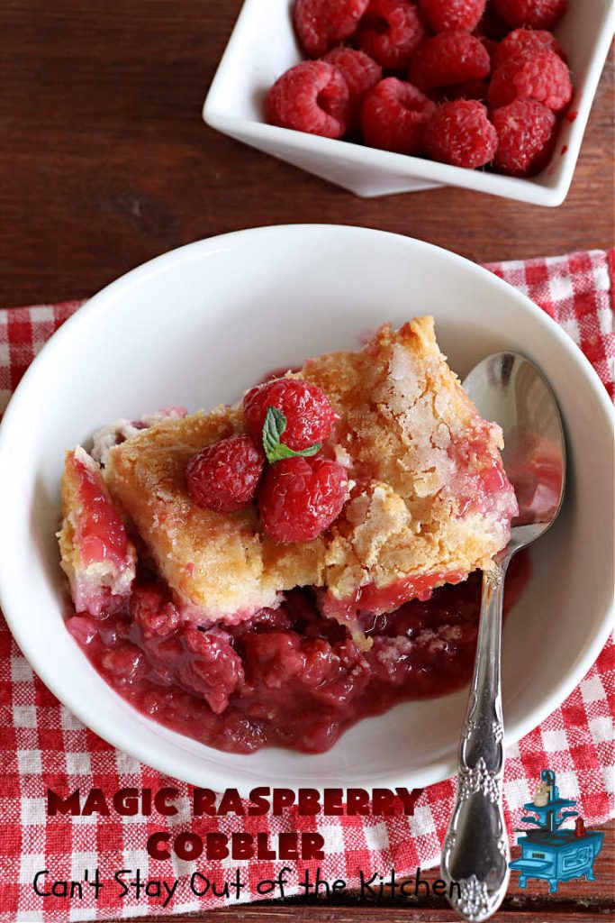 Magic Raspberry Cobbler | Can't Stay Out of the Kitchen | this scrumptious #cobbler is awesome. The ingredients are layered rather than mixed & while baking everything "magically" comes together in one of the best #RaspberryCobbler #recipes ever! Fantastic #dessert for family gatherings, company dinners or potlucks. #raspberries #MagicRaspberryCobbler