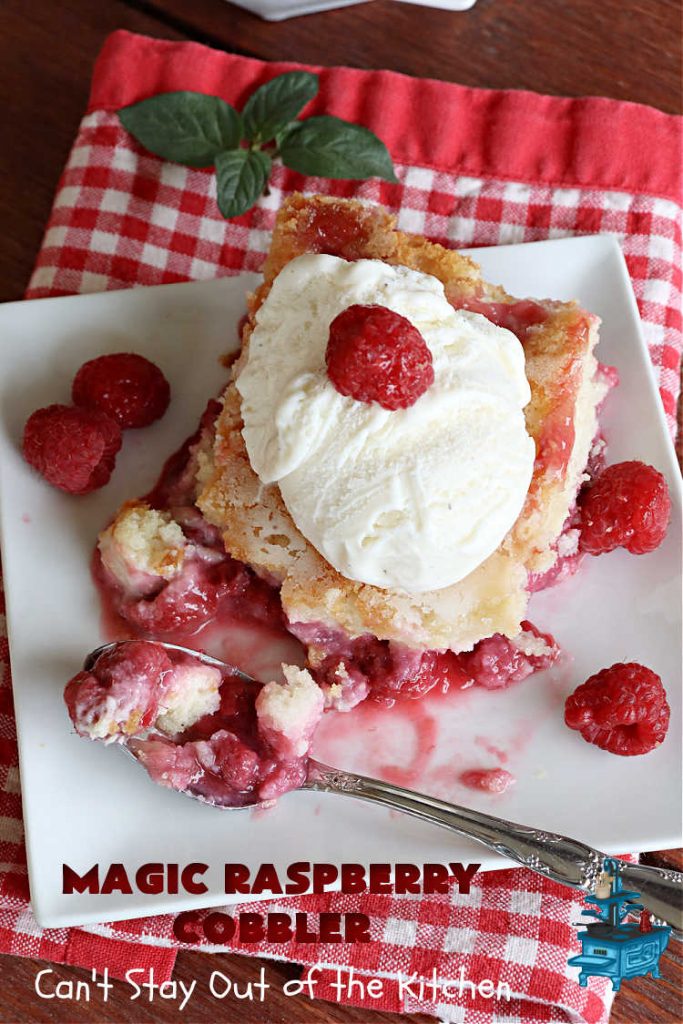 Magic Raspberry Cobbler | Can't Stay Out of the Kitchen | this scrumptious #cobbler is awesome. The ingredients are layered rather than mixed & while baking everything "magically" comes together in one of the best #RaspberryCobbler #recipes ever! Fantastic #dessert for family gatherings, company dinners or potlucks. #raspberries #MagicRaspberryCobbler