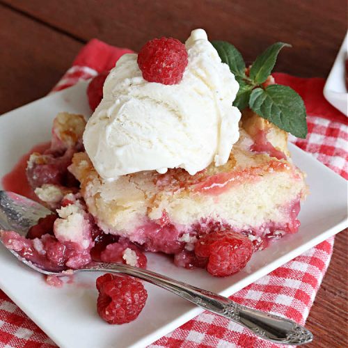 Magic Raspberry Cobbler | Can't Stay Out of the Kitchen | this scrumptious #cobbler is awesome. The ingredients are layered rather than mixed & while baking everything "magically" comes together in one of the best #RaspberryCobbler #recipes ever! Fantastic #dessert for family gatherings, company dinners or potlucks. #raspberries #MagicRaspberryCobbler