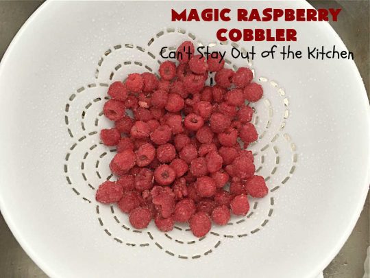 Magic Raspberry Cobbler | Can't Stay Out of the Kitchen | this scrumptious #cobbler is awesome. The ingredients are layered rather than mixed & while baking everything "magically" comes together in one of the best #RaspberryCobbler #recipes ever! Fantastic #dessert for family gatherings, company dinners or potlucks. #raspberries #MagicRaspberryCobbler