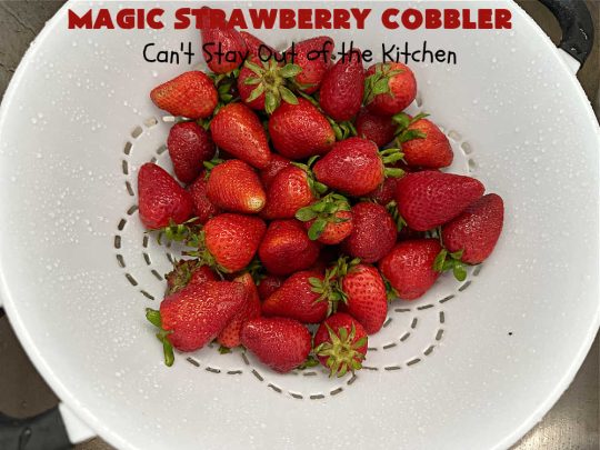 Magic Strawberry Cobbler | Can't Stay Out of the Kitchen | Enjoy the deliciousness of fresh #strawberries with this delightful #cobbler #recipe. This is a layered #dessert that has boiling water poured over the top so that it "magically" bakes up into one fantastic #StrawberryDessert. Terrific for #summer #holiday fun like the #FourthOfJuly. #MagicStrawberryCobbler