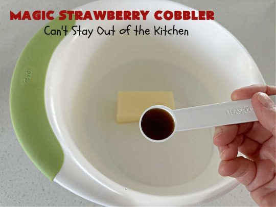Magic Strawberry Cobbler | Can't Stay Out of the Kitchen | Enjoy the deliciousness of fresh #strawberries with this delightful #cobbler #recipe. This is a layered #dessert that has boiling water poured over the top so that it "magically" bakes up into one fantastic #StrawberryDessert. Terrific for #summer #holiday fun like the #FourthOfJuly. #MagicStrawberryCobbler