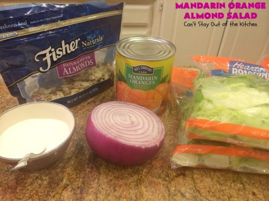 Mandarin Orange Almond Salad | Can't Stay Out of the Kitchen | this delightful #salad uses #MandarinOranges & glazed #almonds. It's festive & easy enough for company or #holiday dinners like #FathersDay. #Oranges #GlutenFree #MandarinOrangeAlmondSalad #MandarinOrangeSalad #Vegan 