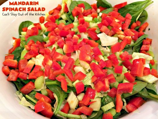 Mandarin Spinach Salad | Can't Stay Out of the Kitchen | this fantastic #salad uses #mandarinoranges, #apples, homemade cinnamon-sugar #almonds & has a homemade salad dressing with a dash of hot sauce that's absolutely dynamite. This salad is terrific for company or #holiday dinners like #MothersDay or #FathersDay. It's also great made with #strawberries & #kiwi. #vegan #Glutenfree 