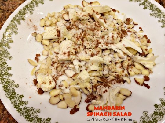 Mandarin Spinach Salad | Can't Stay Out of the Kitchen | this fantastic #salad uses #mandarinoranges, #apples, homemade cinnamon-sugar #almonds & has a homemade salad dressing with a dash of hot sauce that's absolutely dynamite. This salad is terrific for company or #holiday dinners like #MothersDay or #FathersDay. It's also great made with #strawberries & #kiwi. #vegan #Glutenfree 