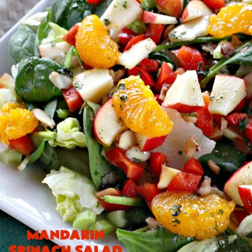 Mandarin Spinach Salad | Can't Stay Out of the Kitchen | this fantastic #salad uses #mandarinoranges, #apples, homemade cinnamon-sugar #almonds & has a homemade salad dressing with a dash of hot sauce that's absolutely dynamite. This salad is terrific for company or #holiday dinners like #MothersDay or #FathersDay. It's also great made with #strawberries & #kiwi. #vegan #Glutenfree