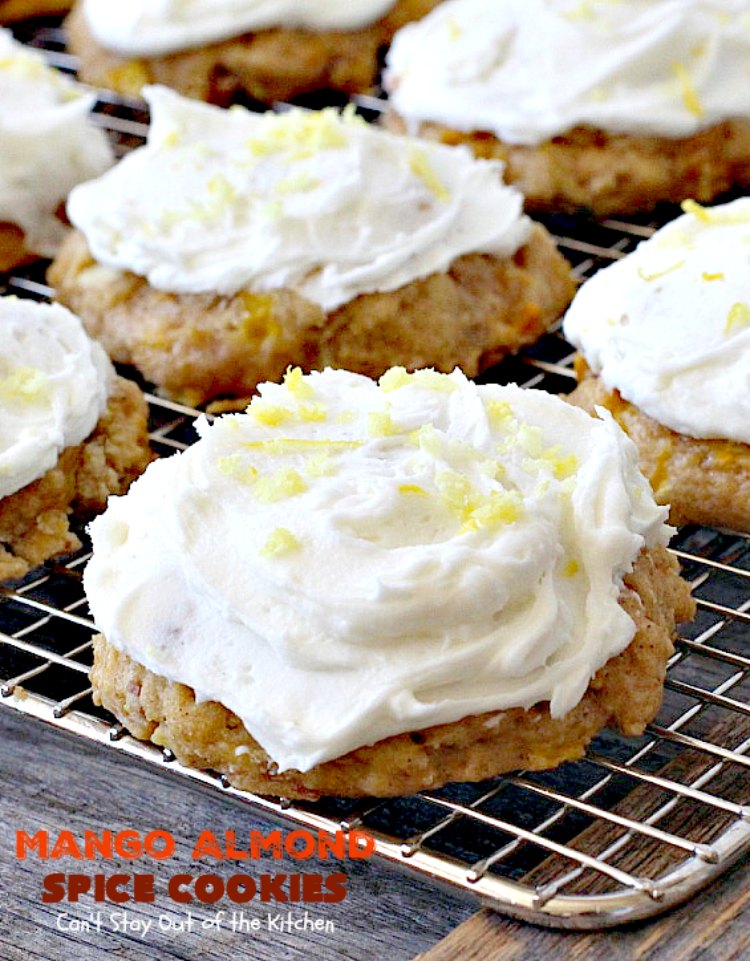 Mango Almond Spice Cookies | Can't Stay Out of the Kitchen | these amazing #cookies are heavenly. The #Lemon Buttercream Frosting is divine. Perfect for summer holidays, backyard barbecues & potlucks. #dessert #mangos