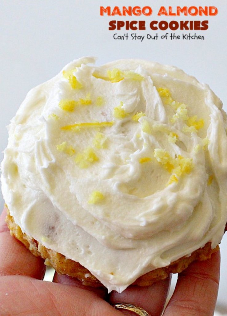 Mango Almond Spice Cookies | Can't Stay Out of the Kitchen | these amazing #cookies are heavenly. The #Lemon Buttercream Frosting is divine. Perfect for summer holidays, backyard barbecues & potlucks. #dessert #mangos