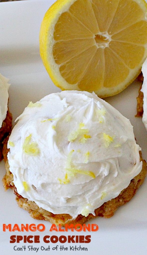 Mango Almond Spice Cookies | Can't Stay Out of the Kitchen | these amazing #cookies are heavenly. The #Lemon Buttercream Frosting is divine. Perfect for summer holidays, backyard barbecues & potlucks. #dessert #mangos