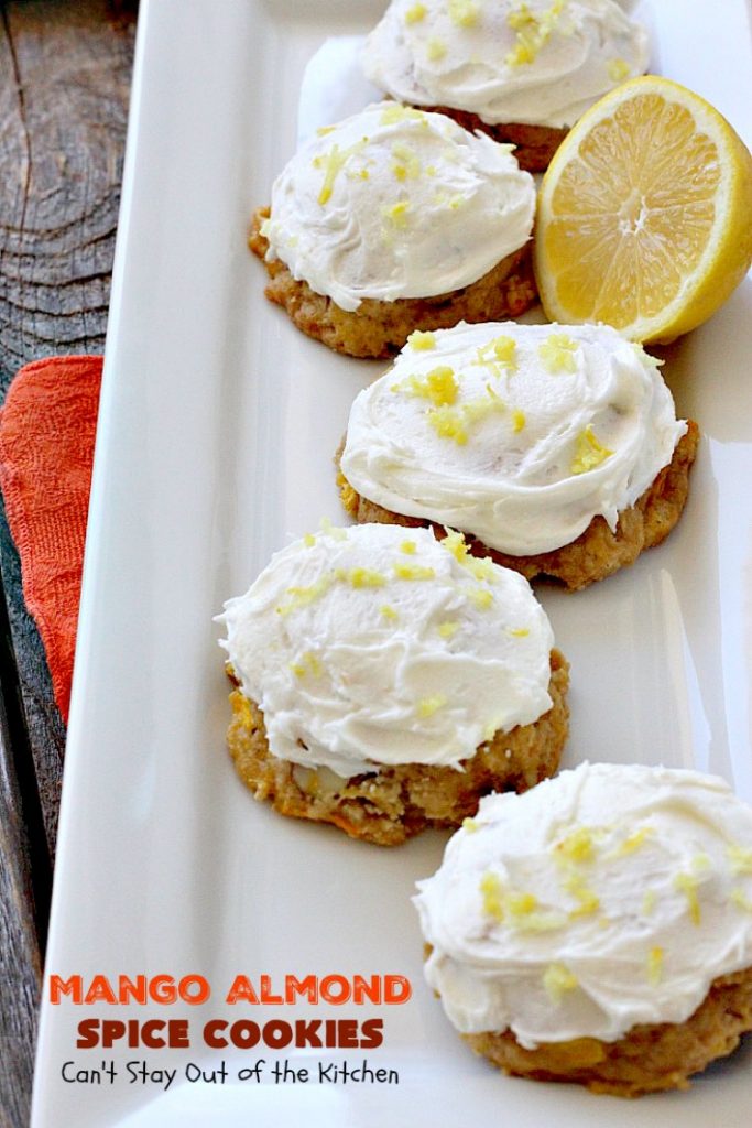 Mango Almond Spice Cookies | Can't Stay Out of the Kitchen | these amazing #cookies are heavenly. The #Lemon Buttercream Frosting is divine. Perfect for summer holidays, backyard barbecues & potlucks. #dessert #mangos