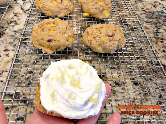 Mango Almond Spice Cookies | Can't Stay Out of the Kitchen | these amazing #cookies are heavenly. The #Lemon Buttercream Frosting is divine. Perfect for summer holidays, backyard barbecues & potlucks. #dessert #mangos