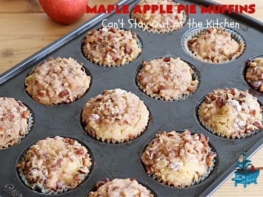 Maple Apple Pie Muffins | Can't Stay Out of the Kitchen | these scrumptious #muffins are heavenly! #MapleSyrup & #MapleExtract make them pop in flavor. Sour cream keeps them moist rather than dry and #pecans add a delicious crunchiness. #Apples make them taste like #ApplePie! Terrific for a weekend, company or #holiday #breakfast #MapleApplePieMuffins