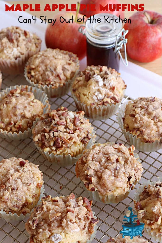 Maple Apple Pie Muffins | Can't Stay Out of the Kitchen | these scrumptious #muffins are heavenly! #MapleSyrup & #MapleExtract make them pop in flavor. Sour cream keeps them moist rather than dry and #pecans add a delicious crunchiness. #Apples make them taste like #ApplePie! Terrific for a weekend, company or #holiday #breakfast #MapleApplePieMuffins