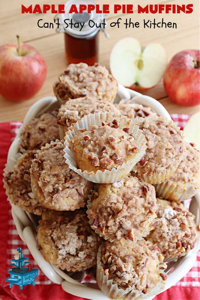 Maple Apple Pie Muffins | Can't Stay Out of the Kitchen | these scrumptious #muffins are heavenly! #MapleSyrup & #MapleExtract make them pop in flavor. Sour cream keeps them moist rather than dry and #pecans add a delicious crunchiness. #Apples make them taste like #ApplePie! Terrific for a weekend, company or #holiday #breakfast #MapleApplePieMuffins
