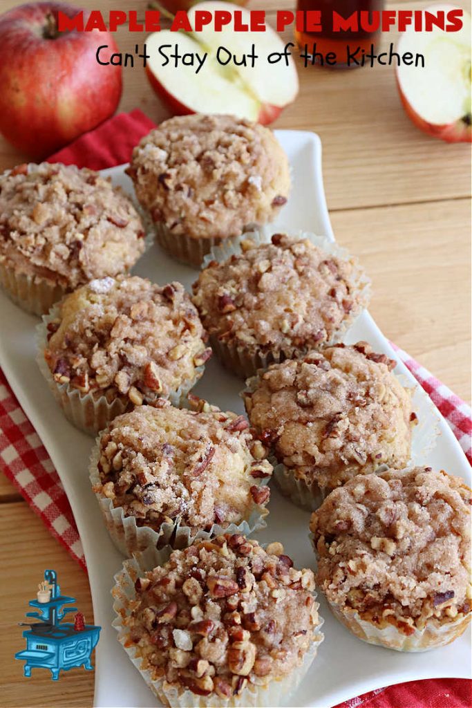 Maple Apple Pie Muffins | Can't Stay Out of the Kitchen | these scrumptious #muffins are heavenly! #MapleSyrup & #MapleExtract make them pop in flavor. Sour cream keeps them moist rather than dry and #pecans add a delicious crunchiness. #Apples make them taste like #ApplePie! Terrific for a weekend, company or #holiday #breakfast #MapleApplePieMuffins