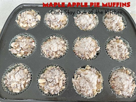 Maple Apple Pie Muffins | Can't Stay Out of the Kitchen | these scrumptious #muffins are heavenly! #MapleSyrup & #MapleExtract make them pop in flavor. Sour cream keeps them moist rather than dry and #pecans add a delicious crunchiness. #Apples make them taste like #ApplePie! Terrific for a weekend, company or #holiday #breakfast #MapleApplePieMuffins