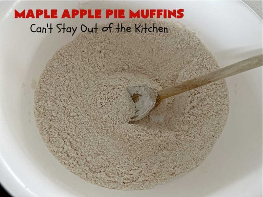 Maple Apple Pie Muffins | Can't Stay Out of the Kitchen | these scrumptious #muffins are heavenly! #MapleSyrup & #MapleExtract make them pop in flavor. Sour cream keeps them moist rather than dry and #pecans add a delicious crunchiness. #Apples make them taste like #ApplePie! Terrific for a weekend, company or #holiday #breakfast #MapleApplePieMuffins