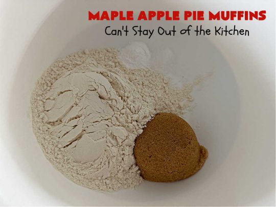 Maple Apple Pie Muffins | Can't Stay Out of the Kitchen | these scrumptious #muffins are heavenly! #MapleSyrup & #MapleExtract make them pop in flavor. Sour cream keeps them moist rather than dry and #pecans add a delicious crunchiness. #Apples make them taste like #ApplePie! Terrific for a weekend, company or #holiday #breakfast #MapleApplePieMuffins