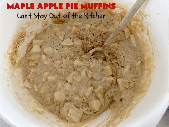 Maple Apple Pie Muffins | Can't Stay Out of the Kitchen | these scrumptious #muffins are heavenly! #MapleSyrup & #MapleExtract make them pop in flavor. Sour cream keeps them moist rather than dry and #pecans add a delicious crunchiness. #Apples make them taste like #ApplePie! Terrific for a weekend, company or #holiday #breakfast #MapleApplePieMuffins