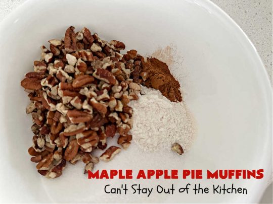 Maple Apple Pie Muffins | Can't Stay Out of the Kitchen | these scrumptious #muffins are heavenly! #MapleSyrup & #MapleExtract make them pop in flavor. Sour cream keeps them moist rather than dry and #pecans add a delicious crunchiness. #Apples make them taste like #ApplePie! Terrific for a weekend, company or #holiday #breakfast #MapleApplePieMuffins