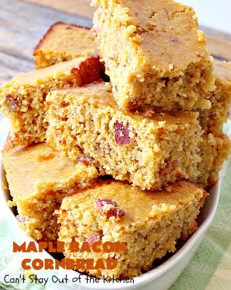 Maple Bacon Cornbread | Can't Stay Out of the Kitchen | We loved this amazing #cornbread. It uses honey, #maplesyrup, molasses & uncured nitrate-free #bacon. Perfect for dunking in chili or soup. #glutenfree