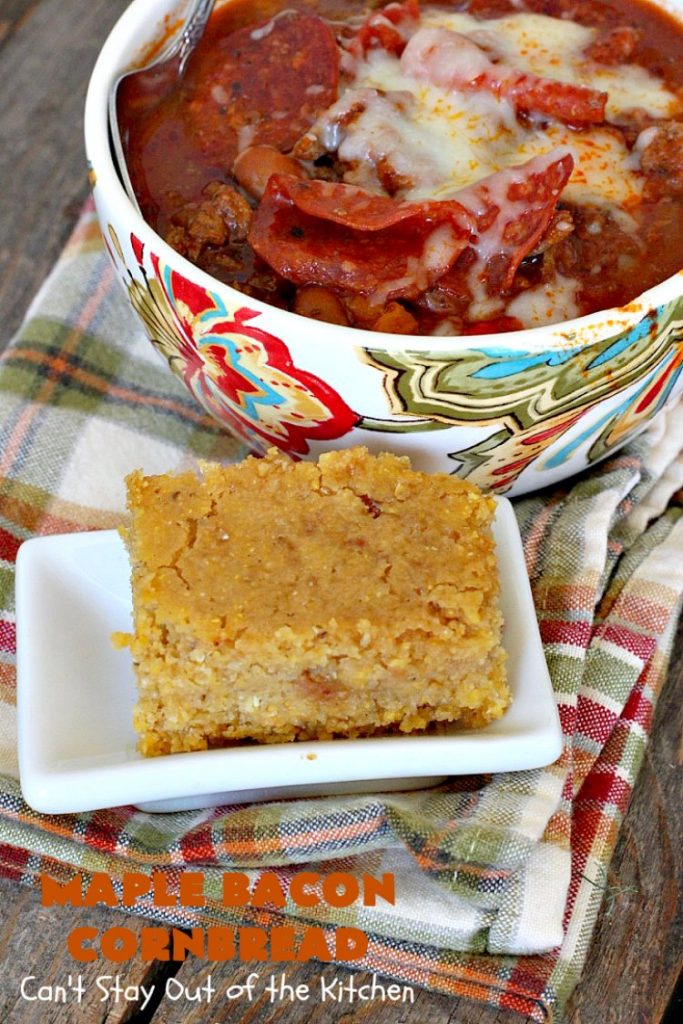 Maple Bacon Cornbread | Can't Stay Out of the Kitchen | We loved this amazing #cornbread. It uses honey, #maplesyrup, molasses & uncured nitrate-free #bacon. Perfect for dunking in chili or soup. #glutenfree