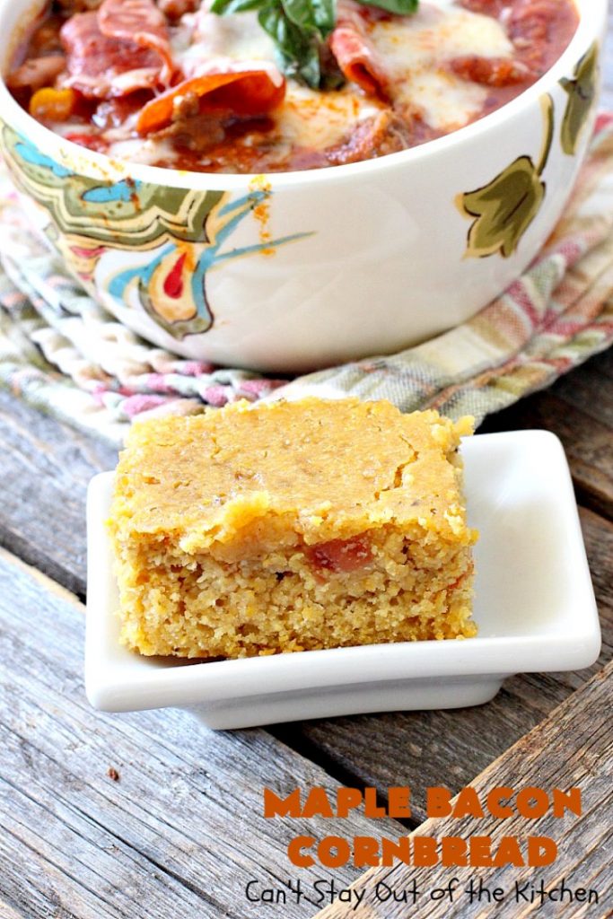 Maple Bacon Cornbread | Can't Stay Out of the Kitchen | We loved this amazing #cornbread. It uses honey, #maplesyrup, molasses & uncured nitrate-free #bacon. Perfect for dunking in chili or soup. #glutenfree