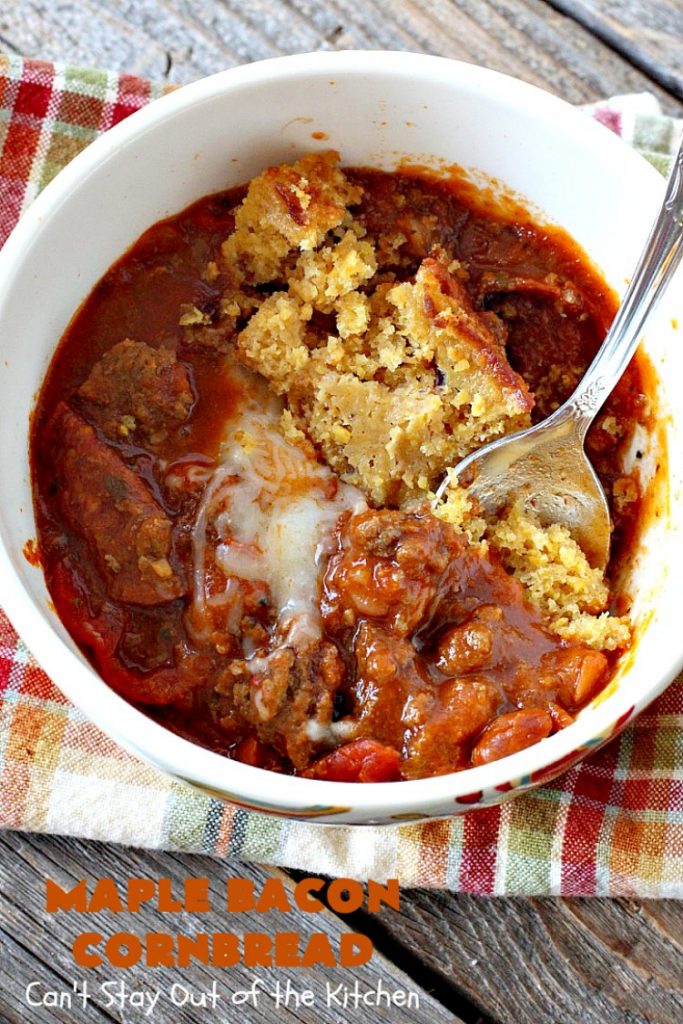 Maple Bacon Cornbread | Can't Stay Out of the Kitchen | We loved this amazing #cornbread. It uses honey, #maplesyrup, molasses & uncured nitrate-free #bacon. Perfect for dunking in chili or soup. #glutenfree