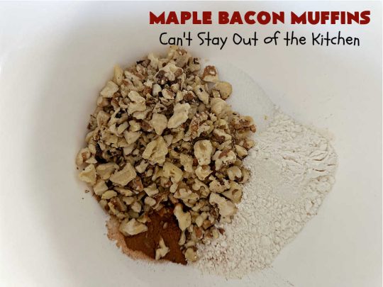 Maple Bacon Muffins | Can't Stay Out of the Kitchen | these luscious #muffins just pop with flavor since they use both #MapleSyrup & #MapleExtract. #Bacon makes everything better and adds just a hint of saltiness & crunchiness. These scrumptious #BreakfastMuffins are a fantastic #breakfast idea for #FathersDay, #holidays or company breakfasts. #MapleBaconMuffins