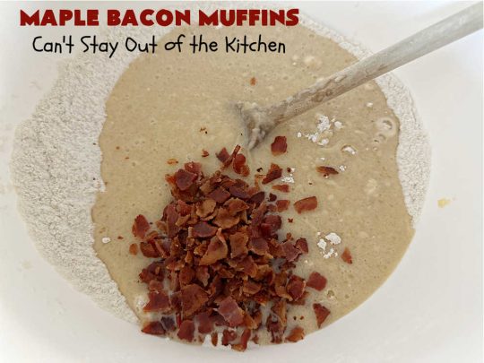 Maple Bacon Muffins | Can't Stay Out of the Kitchen | these luscious #muffins just pop with flavor since they use both #MapleSyrup & #MapleExtract. #Bacon makes everything better and adds just a hint of saltiness & crunchiness. These scrumptious #BreakfastMuffins are a fantastic #breakfast idea for #FathersDay, #holidays or company breakfasts. #MapleBaconMuffins